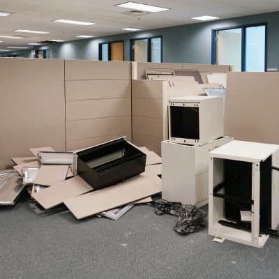 office interior during renovation with furniture removing commercial rubbish clear outs the junk men